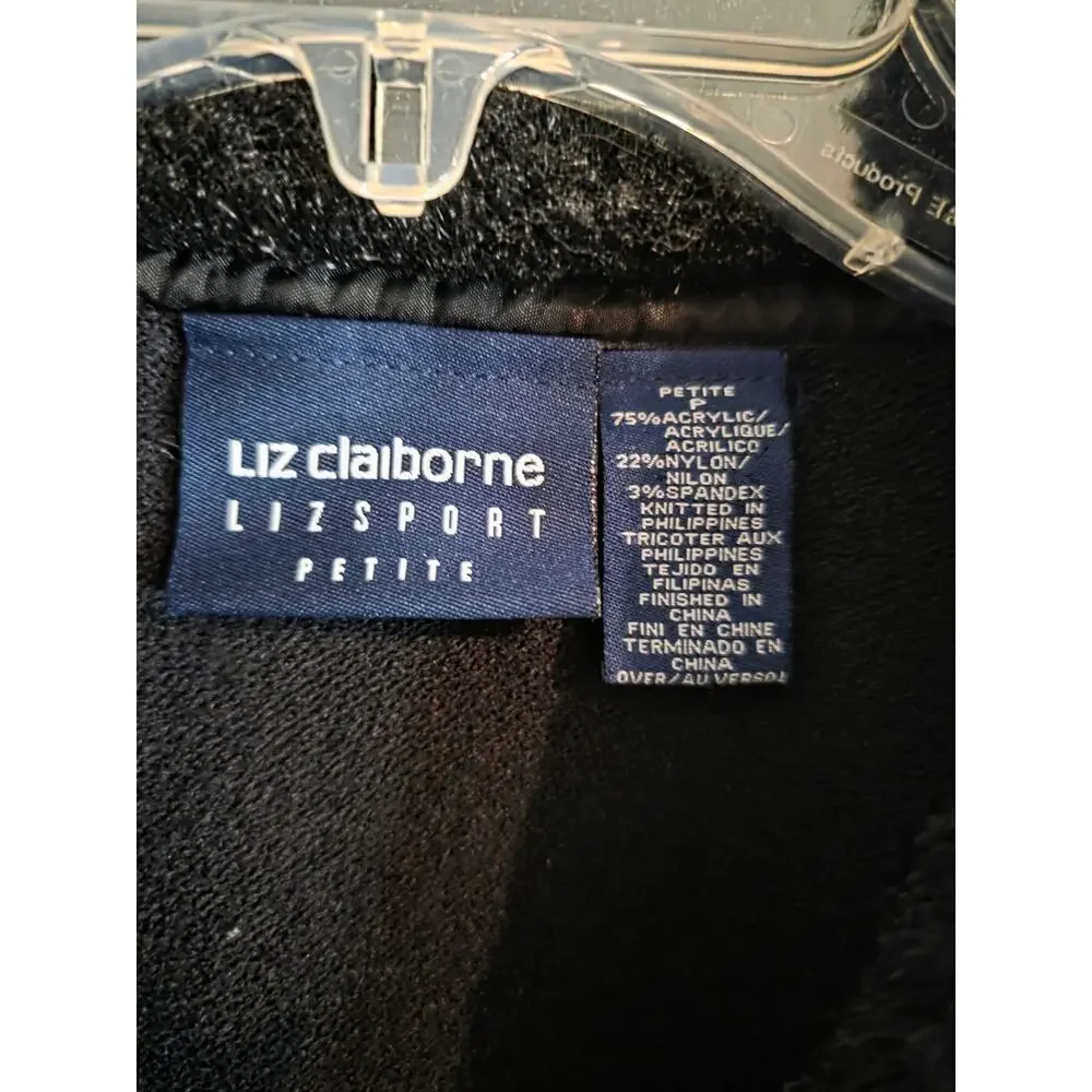 Liz Claiborne Faux Fur Collar Cardigan Sweater Black Petite Size Tag Removed